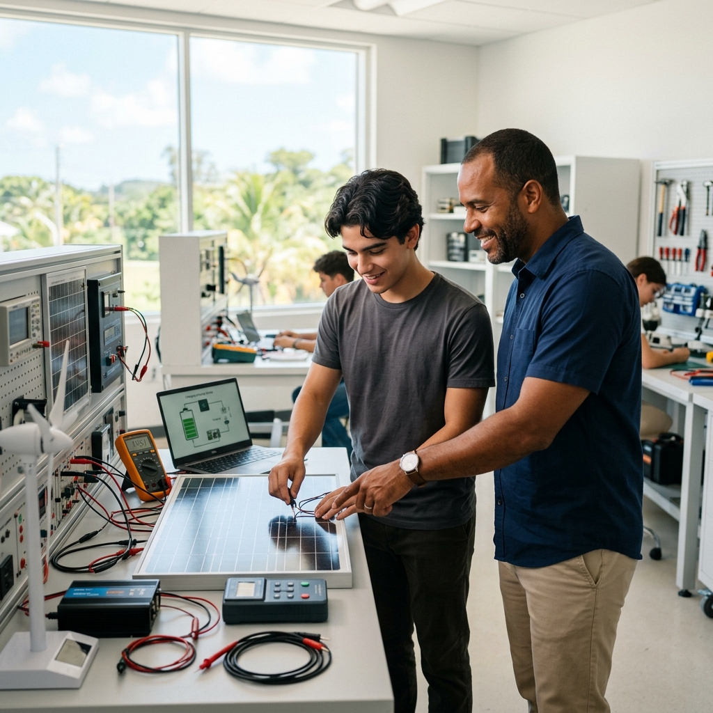 Instructor técnico del DTRH capacitando a un joven estudiante en la instalación de celdas solares y electrónica en un taller moderno