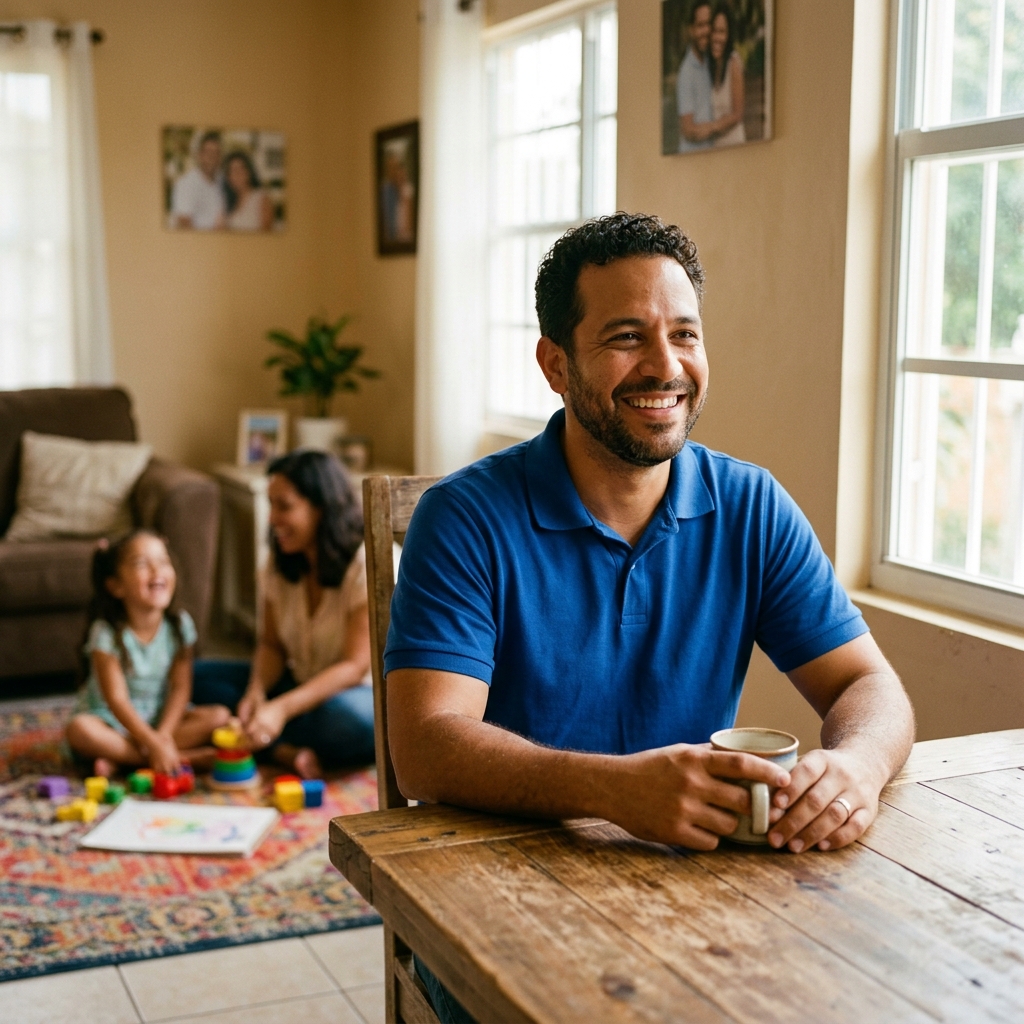 Trabajador puertorriqueño sonriendo aliviado en su hogar junto a su familia, representando la paz mental y la seguridad económica brindada por la SABT